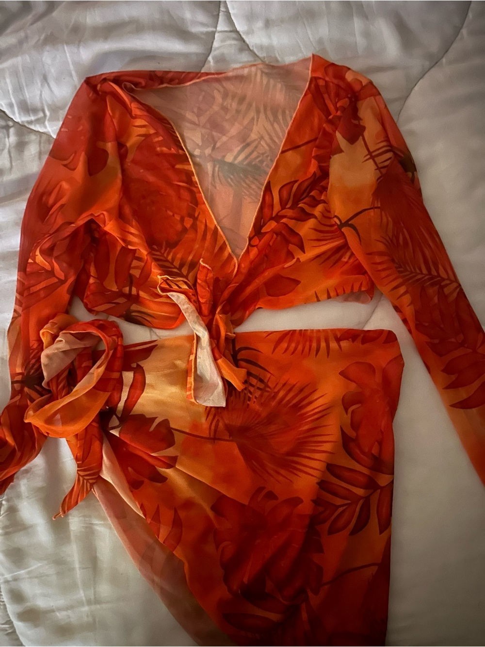 Tropical Orange Sheer Two-Piece Tie Front Set